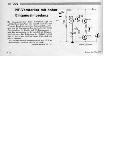  NF-Verst&auml;rker mit hoher Eingangsimpedanz (2,5 W an 8 Ohm) 