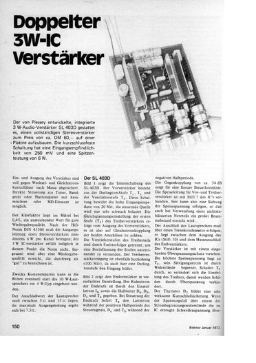  Doppelter 3-W-IC-Verst&auml;rker (Stereoverst&auml;rker mit 2x Plessey SL403D) 