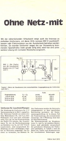  Ohne Netz - mit Akku (Spannungswandler 12-&gt;220 V f&uuml;r Leuchtstoffr&ouml;hren) 