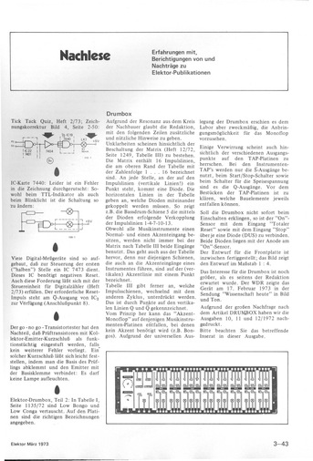  Nachlese (zu 02/72 S. 50, IC-Karte 7440, Digitalz&auml;hler aus 02/73, Drumbox 1135/72) 