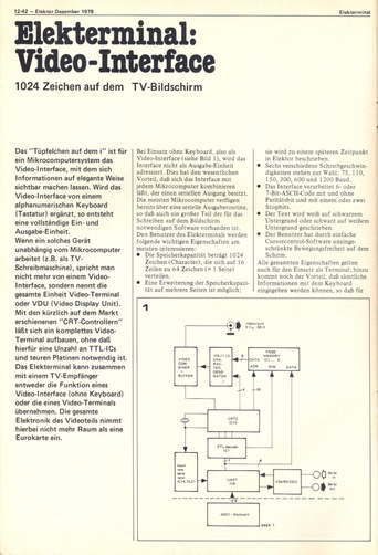  Elekterminal: Video-Interface (1024 Zeichen auf TV-Bildschirm, UART, CRT-Controller SF. F96364) 