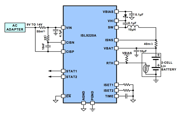 Application circuit for Intersil's 9220 Li-ion battery charger IC Application circuit for Intersil’s 9220 Li-ion battery charger IC